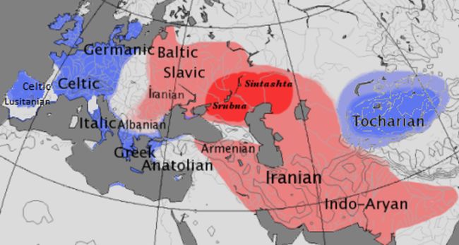 La Urheimat (rosso), gruppo satem (rosa), gruppo centum (blu)